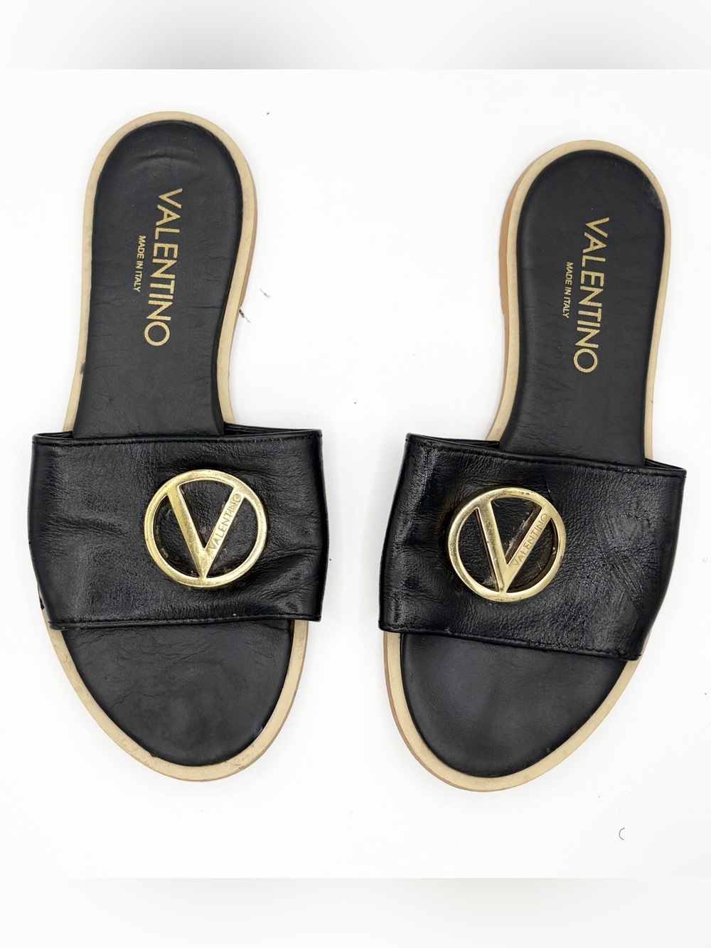 Valentino Authentic Bugola Black Leather Flats Sandals‎ Gold Accents